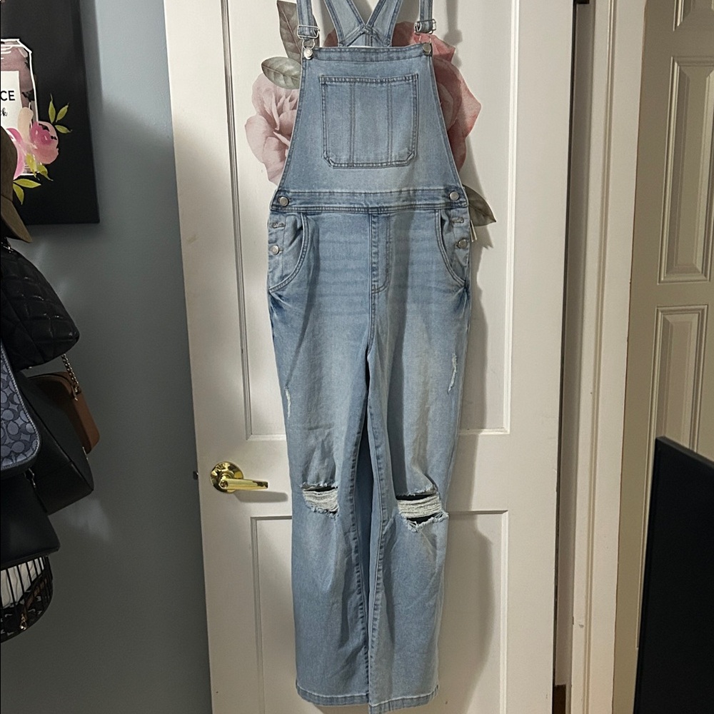 No Boundaries Light Wash Distressed Denim Overalls